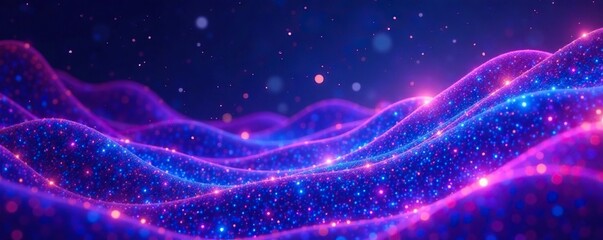 Fototapeta premium Swirling purple and blue neon layers on a dark abstract background with twinkling lights and glowing accents, cosmos, background