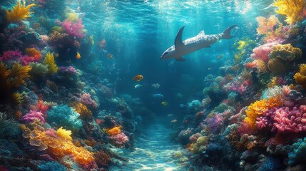 Obraz premium Vibrant coral reef, shark, colorful fish, underwater scene.