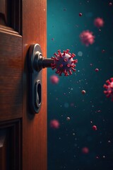 Tiny droplets suspended in air near an open door handle, tiny viral particles, aerosolized virus