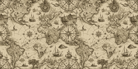 Fototapeta premium Vintage world map with intricate illustrations and navigational elements.
