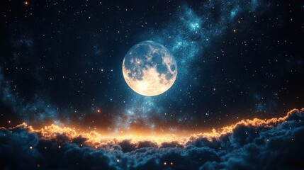 Obraz premium Full moon, stars, clouds, nighttime sky, cosmic.