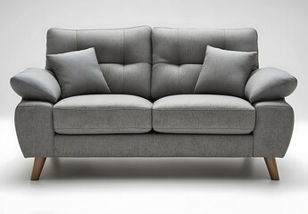 Modern grey fabric sofa with two cushions, wooden legs, on white background.