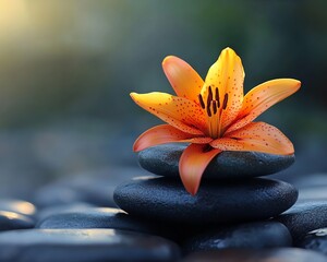Fototapeta premium Spa stones with a vivid lily flower, illuminated by dreamy sun rays, set against a serene, natural backdrop