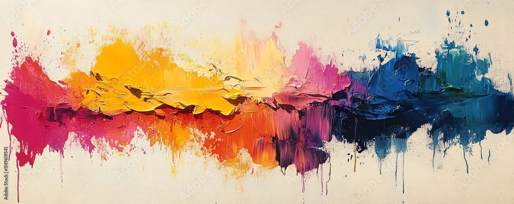 Poster textured abstract oil painting featuring vivid splashes of color, sweeping strokes, and visible canv