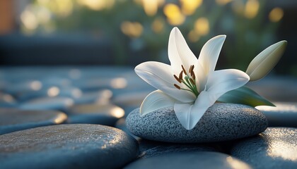 Fototapeta premium Zen spa stones stacked with a blooming white lily, soft sunlight filtering through, tranquil landscape background