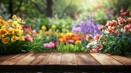 Fototapeta premium Empty wooden vintage table board over spring blossom garden on background