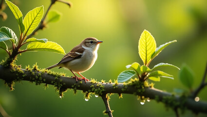 Fototapeta premium A meticulously captured close-up shot of a small, delicate bird, likely a sparrow or finch, perched on a slender, moss-covered branch. 