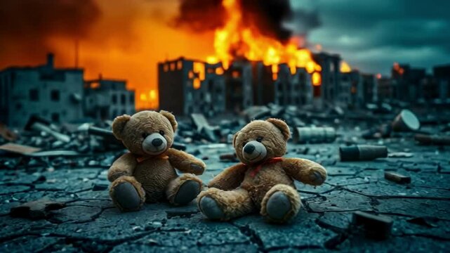Old teddy bear laydown in The Middle of War Zone Deserted Demolished City Buildings Burning in the Background