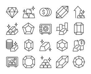 Precious icons. Precious metals and stones line icon set. Editable Stroke.