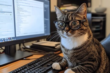 A stylish gray and white tabby cat in glasses working as an seo specialist at an office desk