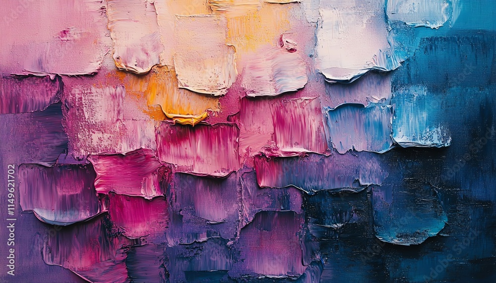 Poster a mesmerizing abstract oil painting showcasing overlapping hues and textured brush strokes on a tact