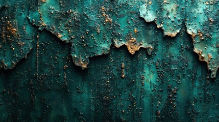 Teal and gold textured metallic surface with drips and corrosion