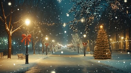 Obraz premium Night city street with lanterns, lights and trees in the snow