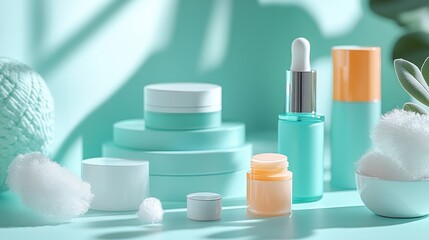 Teal and Peach Cosmetic Products Displayed on Teal Background with Soft Lighting.