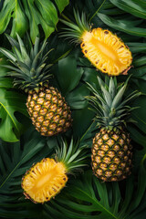 Fototapeta premium Fresh pineapples on lush tropical leaves create a vibrant and exotic display of nature's bounty, showcasing their golden interior and unique spiky exterior.