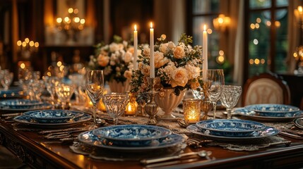 Romantic candlelit dinner table setting.