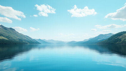 High-quality Mockup of an Empty Billboard Near a Serene Lake Surrounded by Mountains Under a Clear Blue Sky