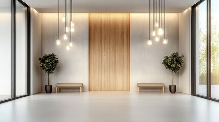 Obraz premium Minimalist Hallway with Stone and Wood Paneling Wall: Luxury Home Interior Design featuring Modern Entrance Hall, Door, and Benches