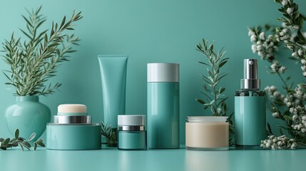 Teal cosmetic containers with plants.