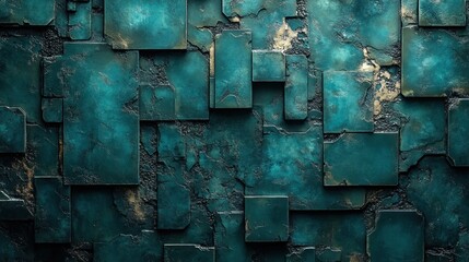 Teal and gold textured square mosaic wall.