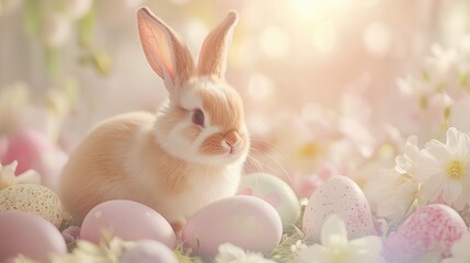 Adorable Easter bunny sitting among pastel-colored eggs and spring flowers, with a soft blurred background.