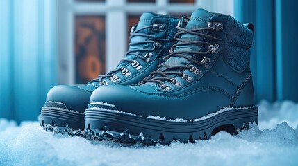 Teal winter boots in snow near window.