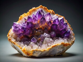 Fototapeta premium Amethyst Geode on Gray, Amber, Purple, High Detail, Elegant Crystal