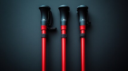 Three red trekking poles with black grips arranged vertically against a dark background.