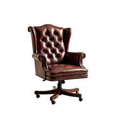 Elegant Brown Leather Executive Chair with High Back. Transparent background