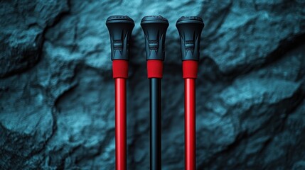 Three trekking poles with red and black shafts against a dark, textured background.