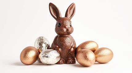 Chocolate Easter bunny and foil-wrapped eggs arranged in a festive display, isolated on a white background.