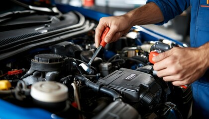 Fototapeta premium Mechanic s close up hands with wrench repairing car engine in garage with banner space