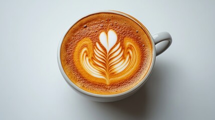Top view of a latte with latte art.
