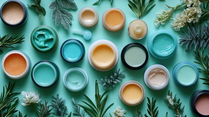 Top view of various skincare creams in jars, surrounded by herbs and flowers on a mint background.
