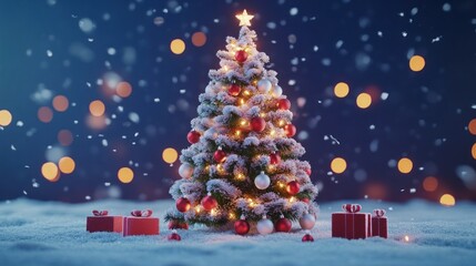Obraz premium Snowy Christmas tree with gifts and lights.
