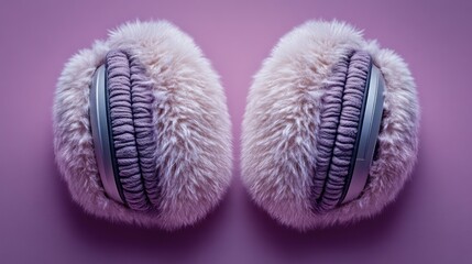 Two fluffy, over-ear headphones with light and dark pink fur earcups, resting on a mauve background.