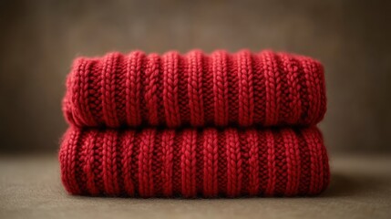 Two folded red knitted sweaters on brown background.