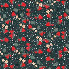 Obraz premium Seamless pattern with strawberry on color background. Natural delicious fresh ripe tasty fruit. Vector illustration for print, fabric, textile, banner, other design. Food concept
