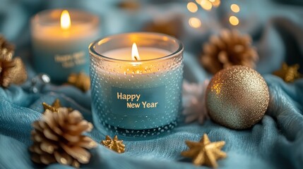 Two lit candles, wishing a Happy New Year, with festive decorations on a teal background.