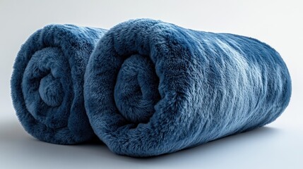 Two rolled, plush, indigo-blue faux fur blankets on white background.