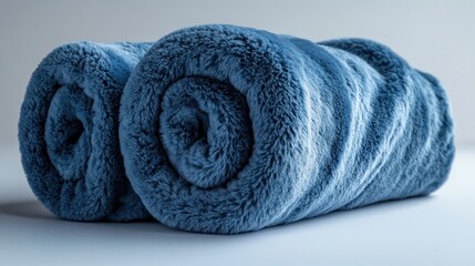 Two rolled-up blue fluffy blankets.