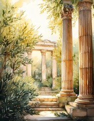 Naklejka premium Ancient Greek columns surrounded by watercolor olive branches and soft sunlight with empty copy space