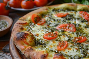 Close up of appetizing pizza featuring melted mozzarella, pesto sauce, and halved cherry tomatoes, served on a rustic wooden board