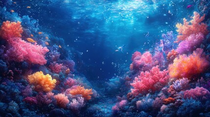 Vibrant coral reef, colorful fish, underwater scene.