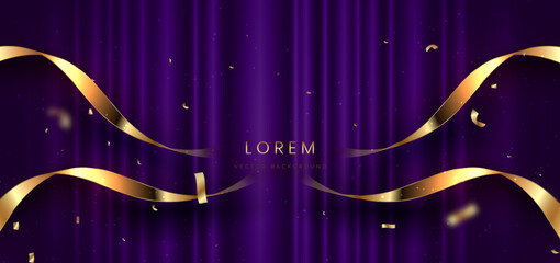 Purple curtain background. Golden confetti banner and ribbon on white background.