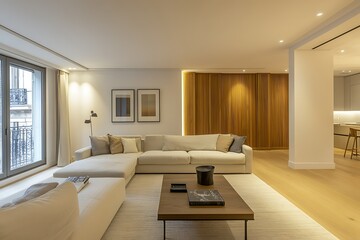 Fototapeta premium Modern living room interior design with beige sofa, wooden wall, and large windows.