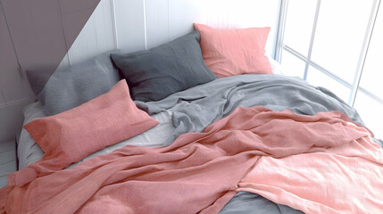 A cozy bed with soft pillows and blankets in calming colors for relaxation.