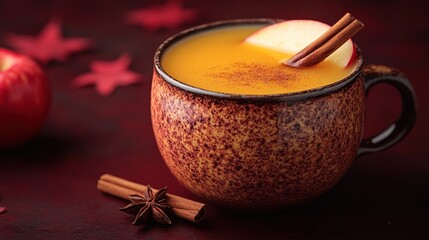 Warm apple cider in rustic mug with cinnamon and apple slice garnish.