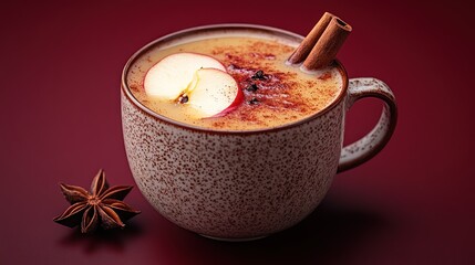 Warm apple cider in speckled mug with cinnamon sticks and star anise.