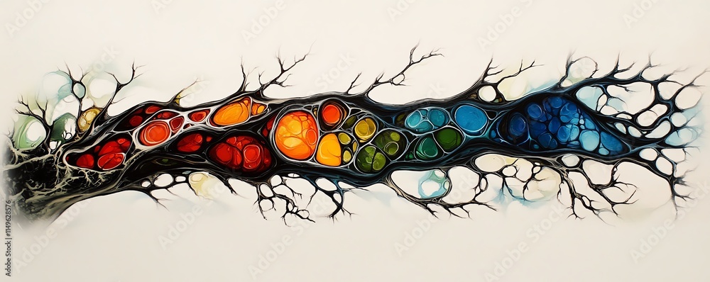 Poster a stunning abstract acrylic pour painting with vibrant cells, fluidly flowing across the canvas, sho